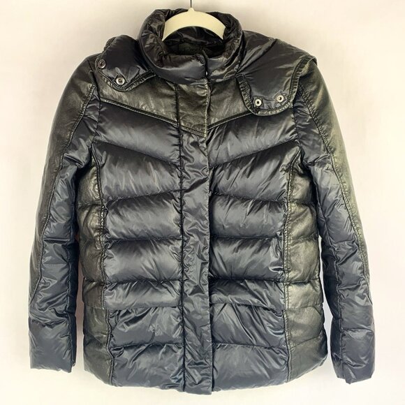 Womens Down Puffer Jacket Size Small Nylon Leather Hooded Black Chic Winter - Picture 1 of 15
